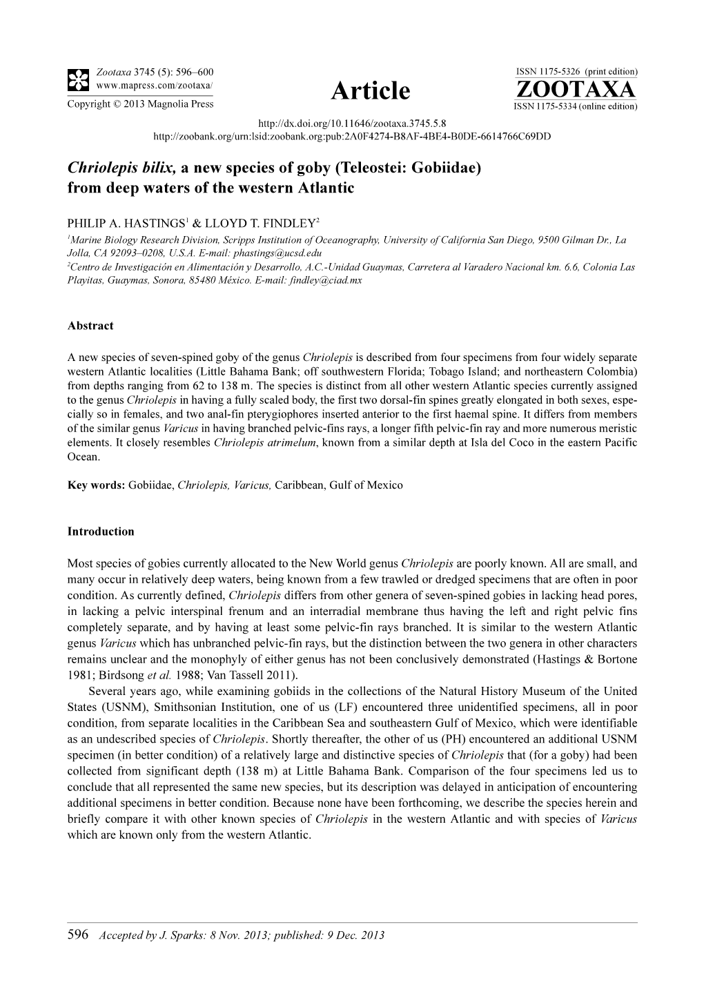 Chriolepis Bilix, a New Species of Goby (Teleostei: Gobiidae) from Deep Waters of the Western Atlantic