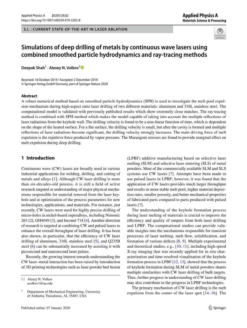 Simulations of Deep Drilling of Metals by Continuous Wave Lasers Using Combined Smoothed Particle Hydrodynamics and Ray‑Tracing Methods