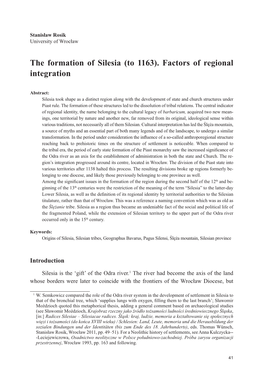 The Formation of Silesia (To 1163). Factors of Regional Integration