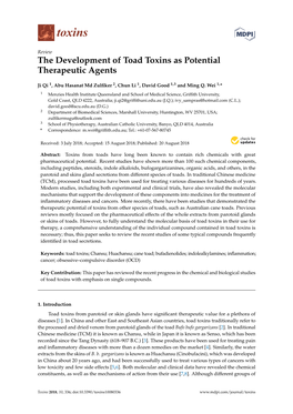 The Development of Toad Toxins As Potential Therapeutic Agents
