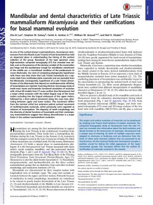 Mandibular and Dental Characteristics of Late Triassic Mammaliaform