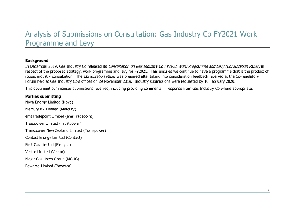 Gas Industry Co FY2021 Work Programme and Levy