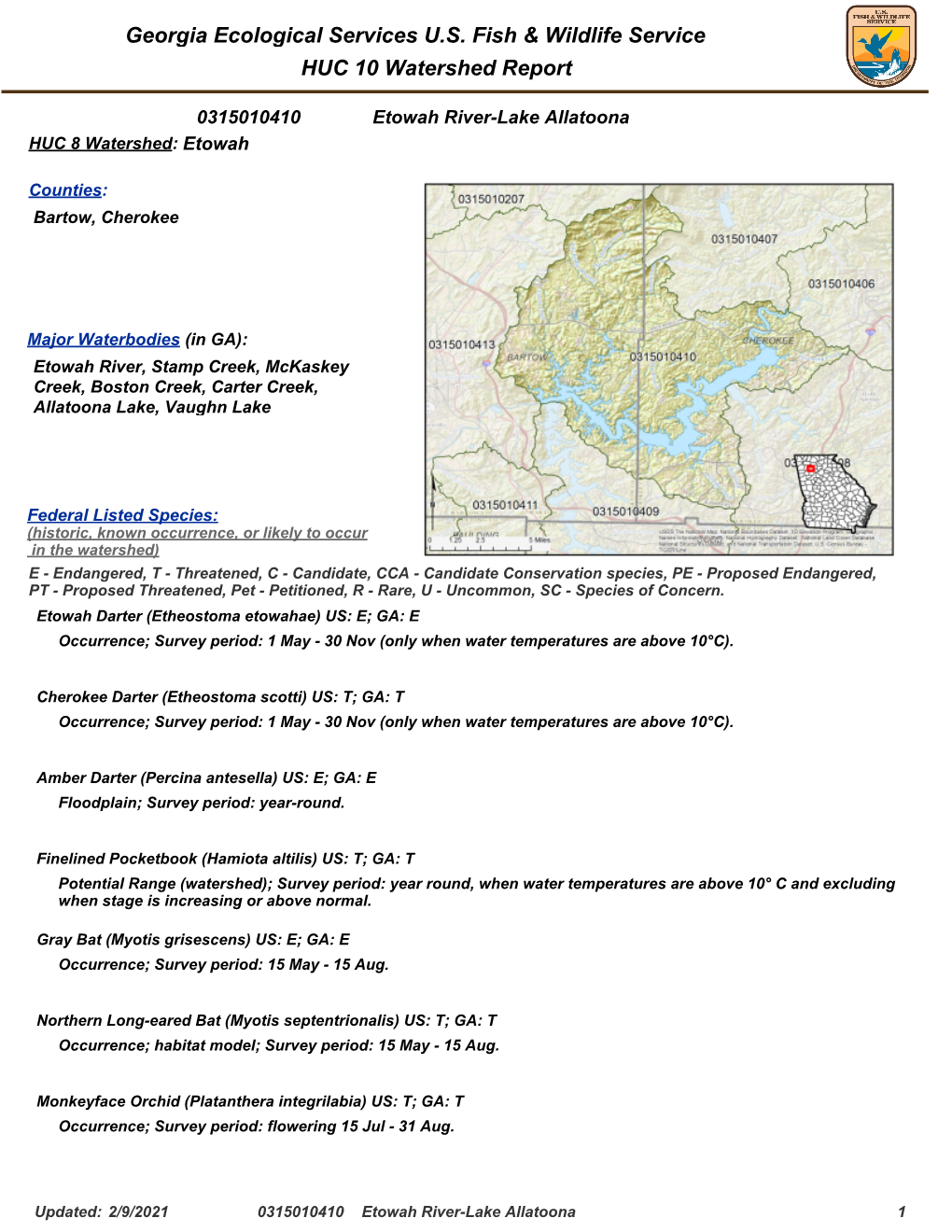Georgia Ecological Services U.S. Fish & Wildlife Service HUC 10