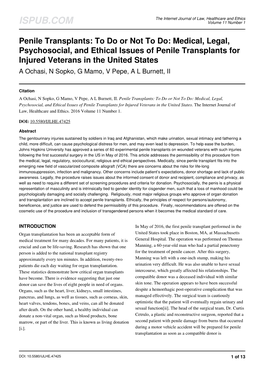 Medical, Legal, Psychosocial, and Ethical Issues of Penile Transplants for Injured Veterans in the United States a Ochasi, N Sopko, G Mamo, V Pepe, a L Burnett, II