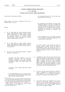 COUNCIL COMMON POSITION 2006/318/CFSP of 27 April 2006 Renewing Restrictive Measures Against Burma/Myanmar Having Regard To