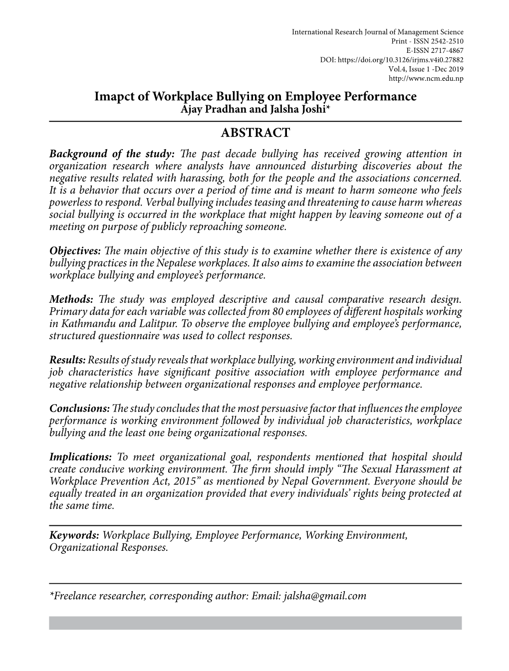 Imapct of Workplace Bullying on Employee Performance ABSTRACT