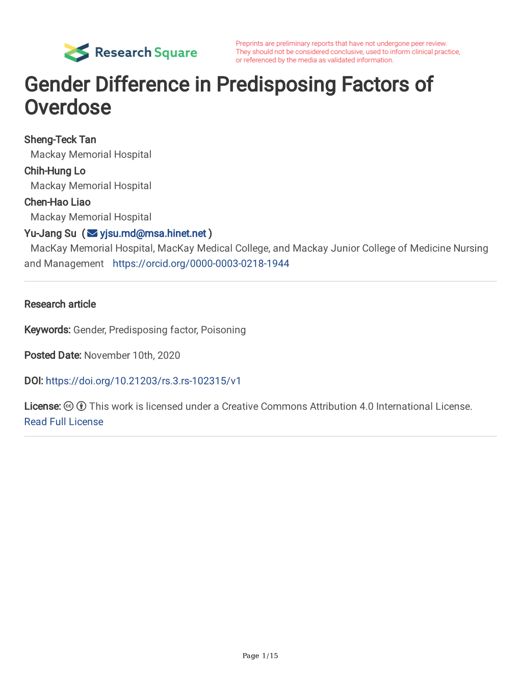 Gender Difference in Predisposing Factors of Overdose