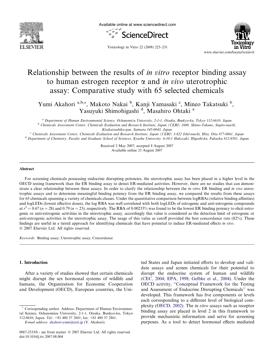 Relationship Between the Results of in Vitro Receptor Binding Assay To