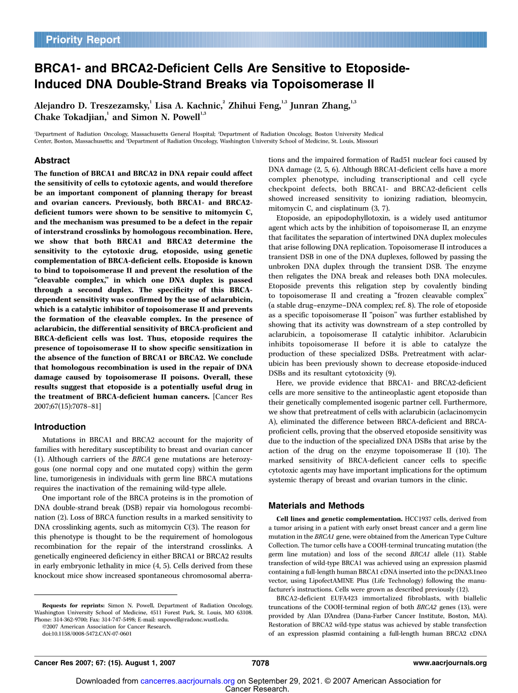 BRCA1- and BRCA2-Deficient Cells Are Sensitive to Etoposide- Induced DNA Double-Strand Breaks Via Topoisomerase II