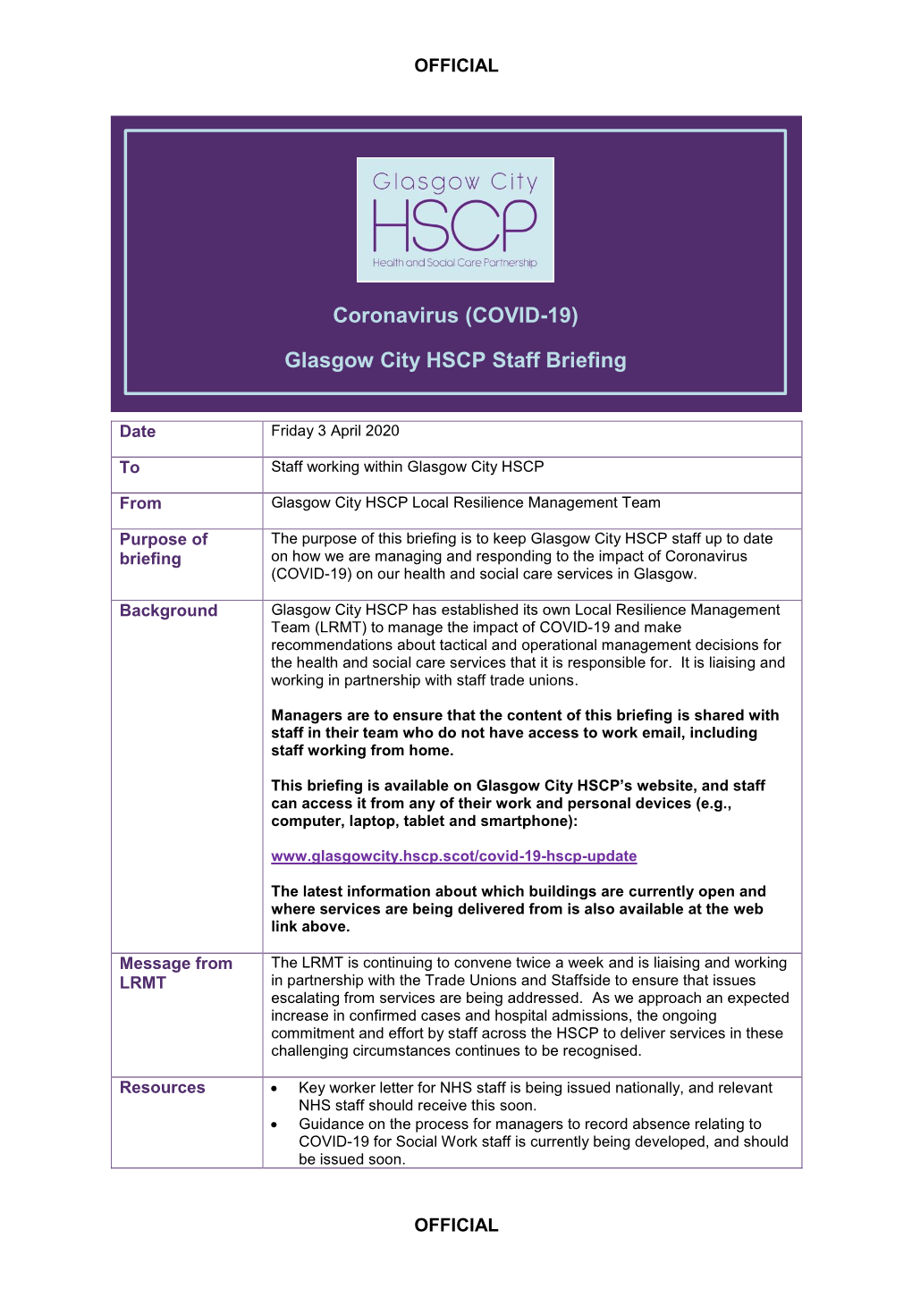 Coronavirus (COVID-19) Glasgow City HSCP Staff Briefing