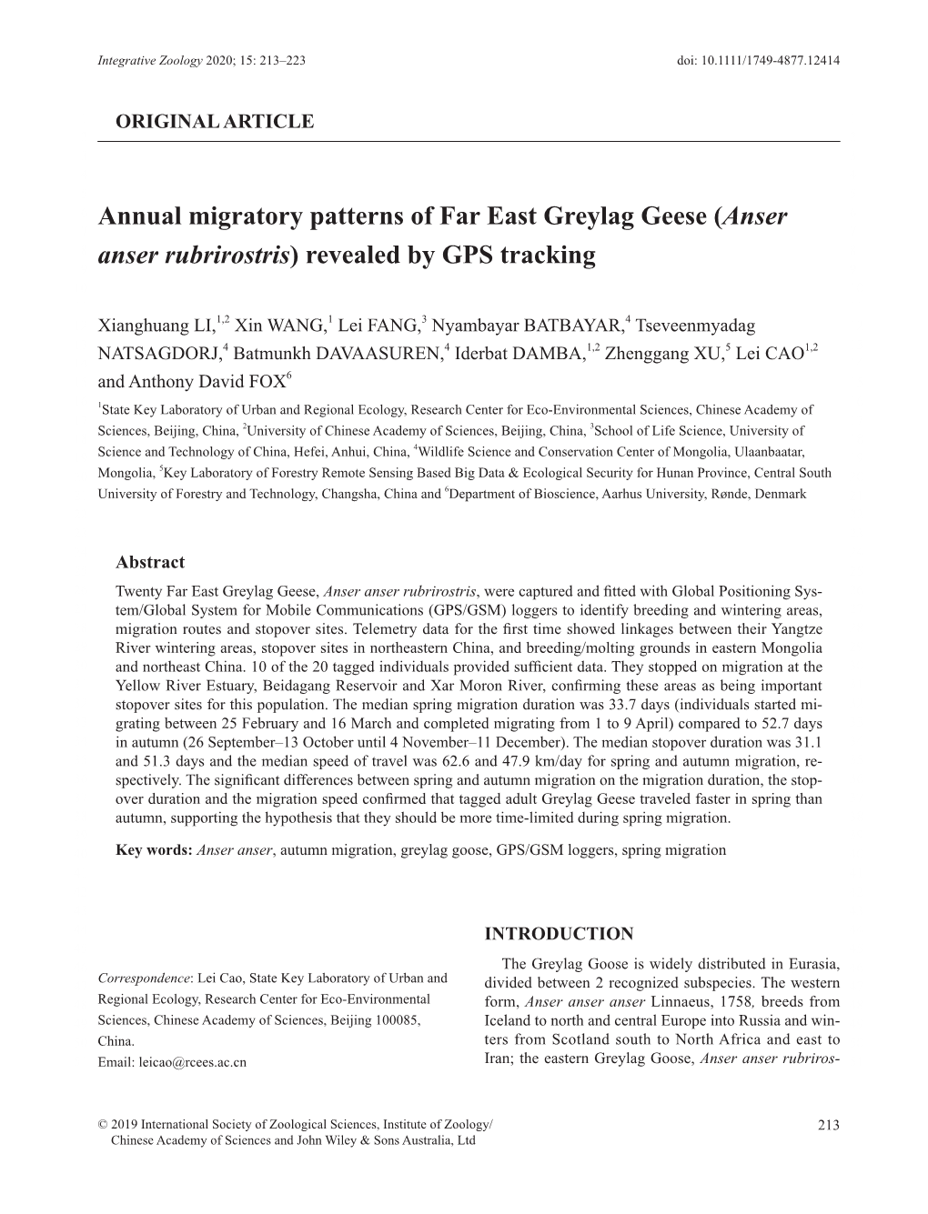 Annual Migratory Patterns of Far East Greylag Geese