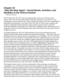 Chapter 24 “May We Meet Again”: Social Bonds, Activities, and Identities in the #Clexa Fandom Mélanie Bourdaa