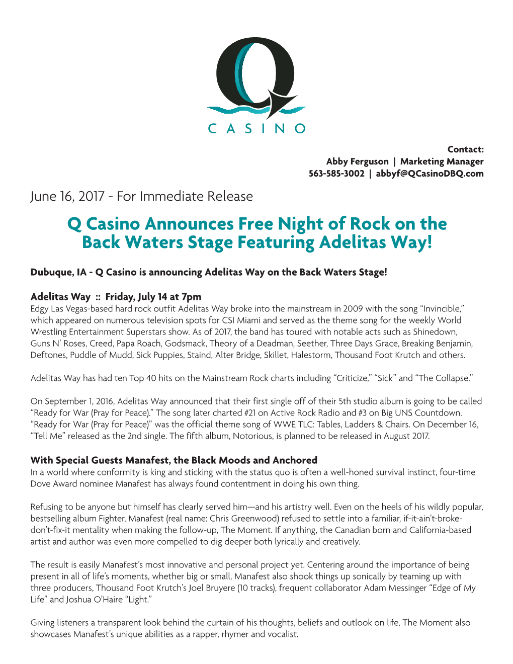 Q Casino Announces Free Night of Rock on the Back Waters Stage Featuring Adelitas Way!