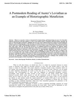 A Postmodern Reading of Auster's Leviathan As an Example of Historiographic Metafiction