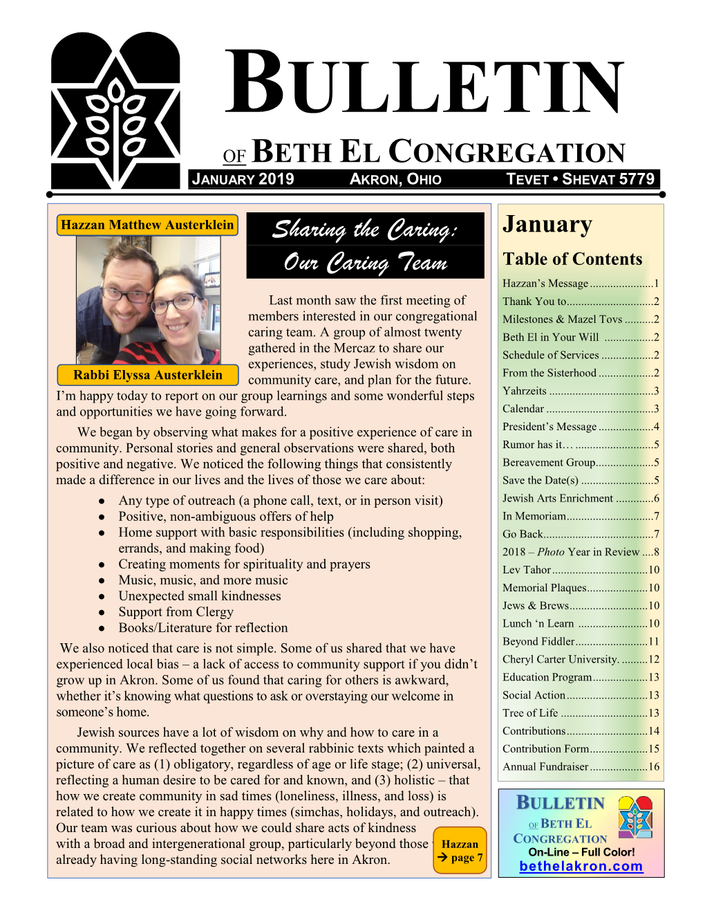 Bulletin of Beth El Congregation January 2019 Akron, Ohio Tevet • Shevat 5779