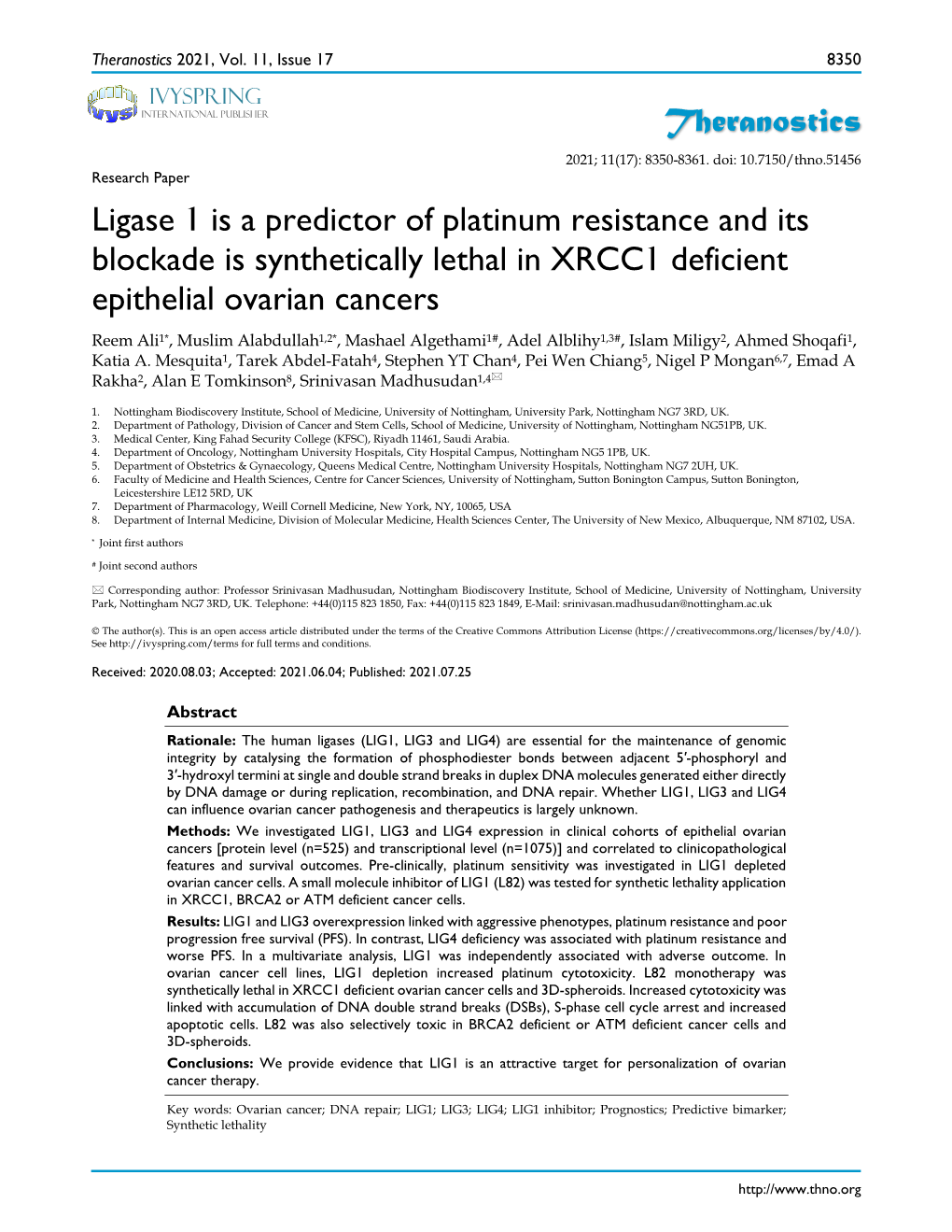 Theranostics Ligase 1 Is a Predictor of Platinum Resistance and Its