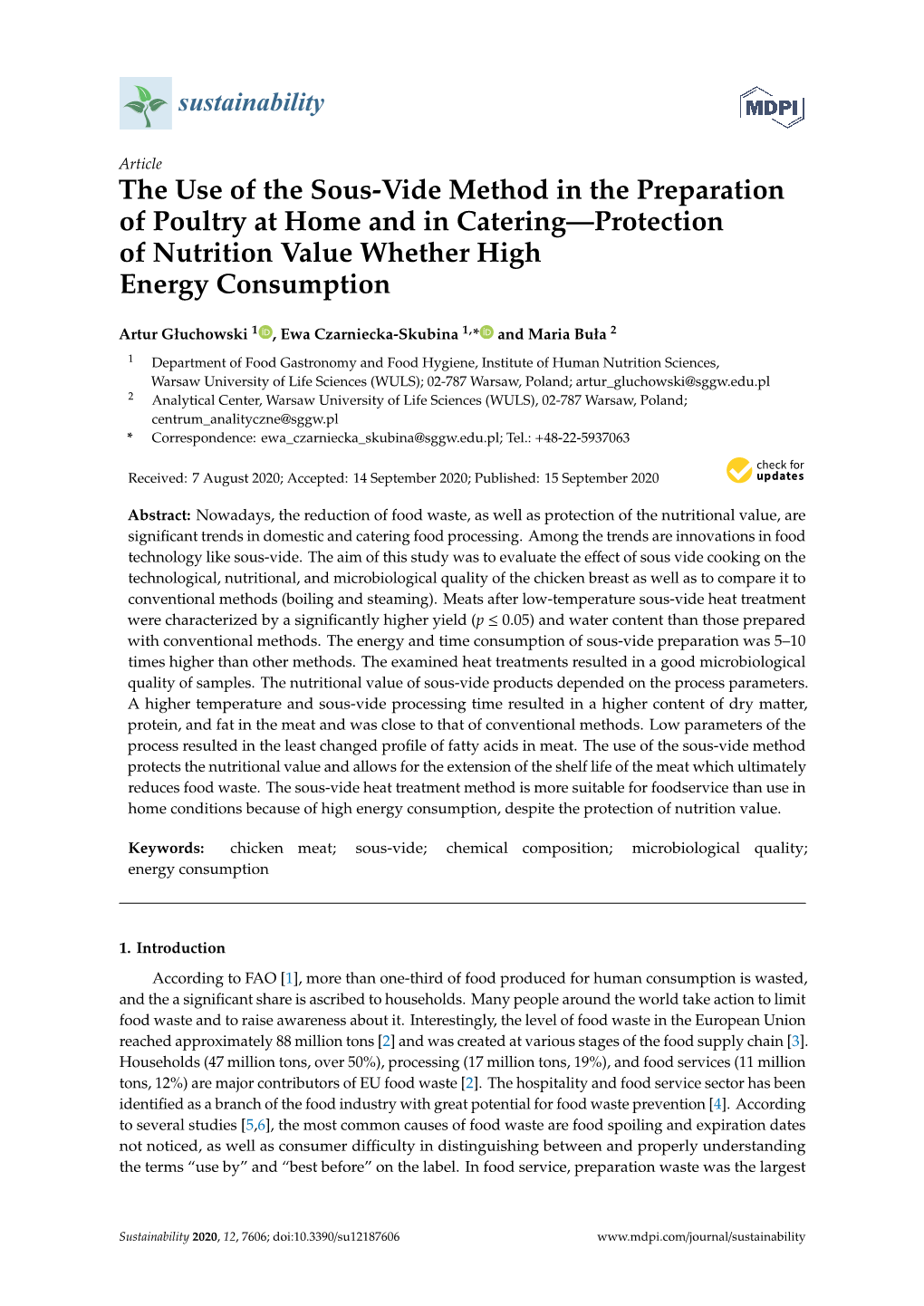 The Use of the Sous-Vide Method in the Preparation of Poultry at Home and in Catering—Protection of Nutrition Value Whether High Energy Consumption