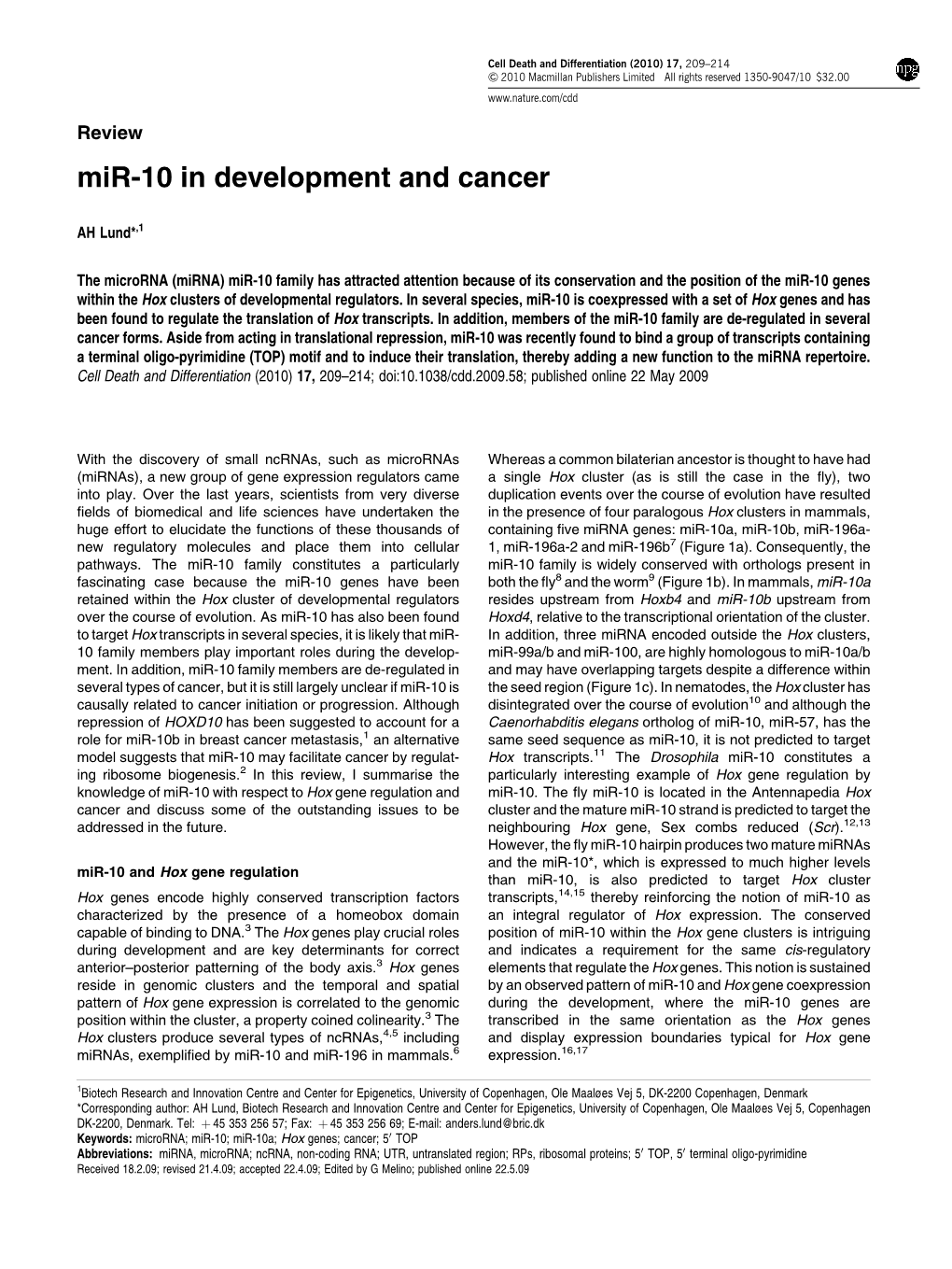 Mir-10 in Development and Cancer
