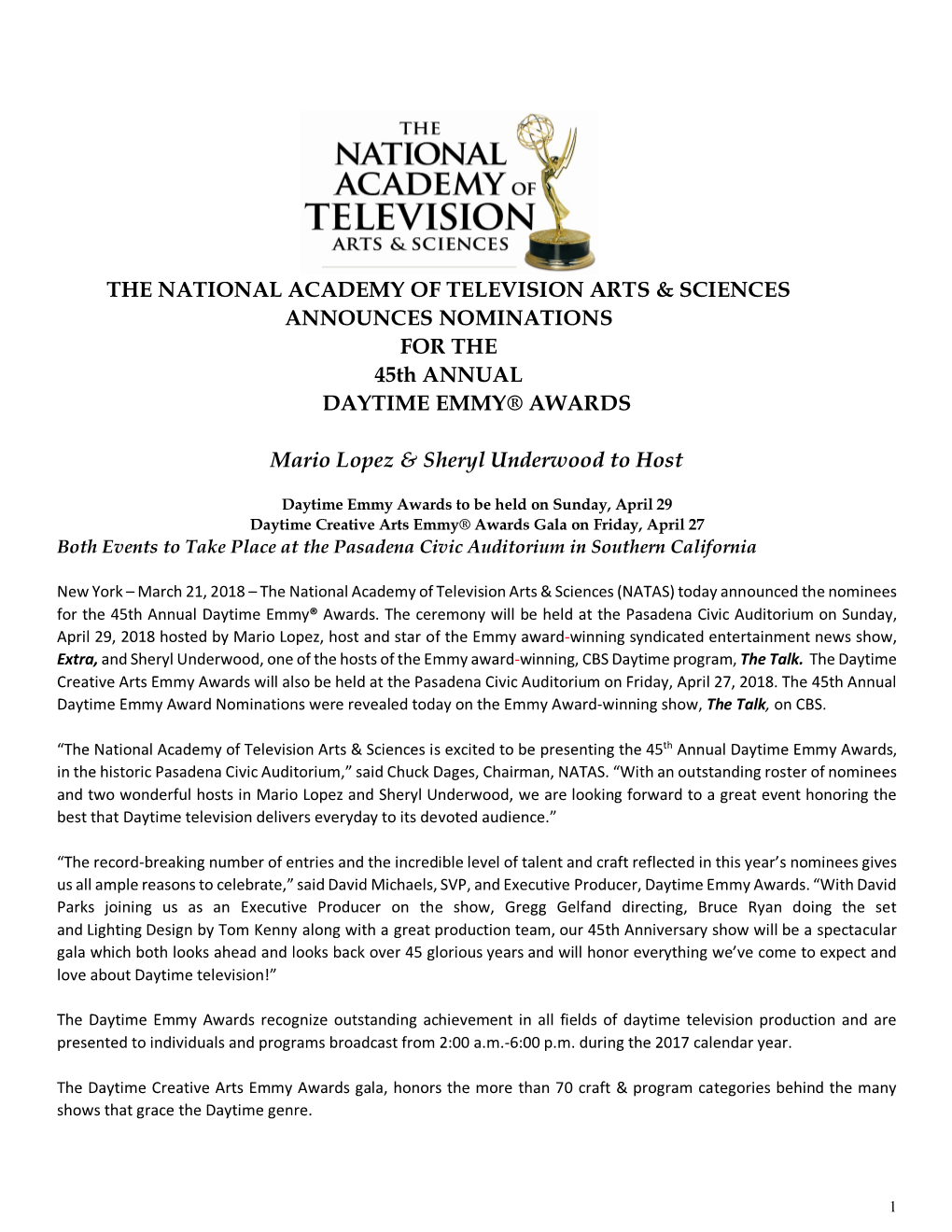 THE NATIONAL ACADEMY of TELEVISION ARTS & SCIENCES ANNOUNCES NOMINATIONS for the 45Th ANNUAL DAYTIME EMMY® AWARDS Mario