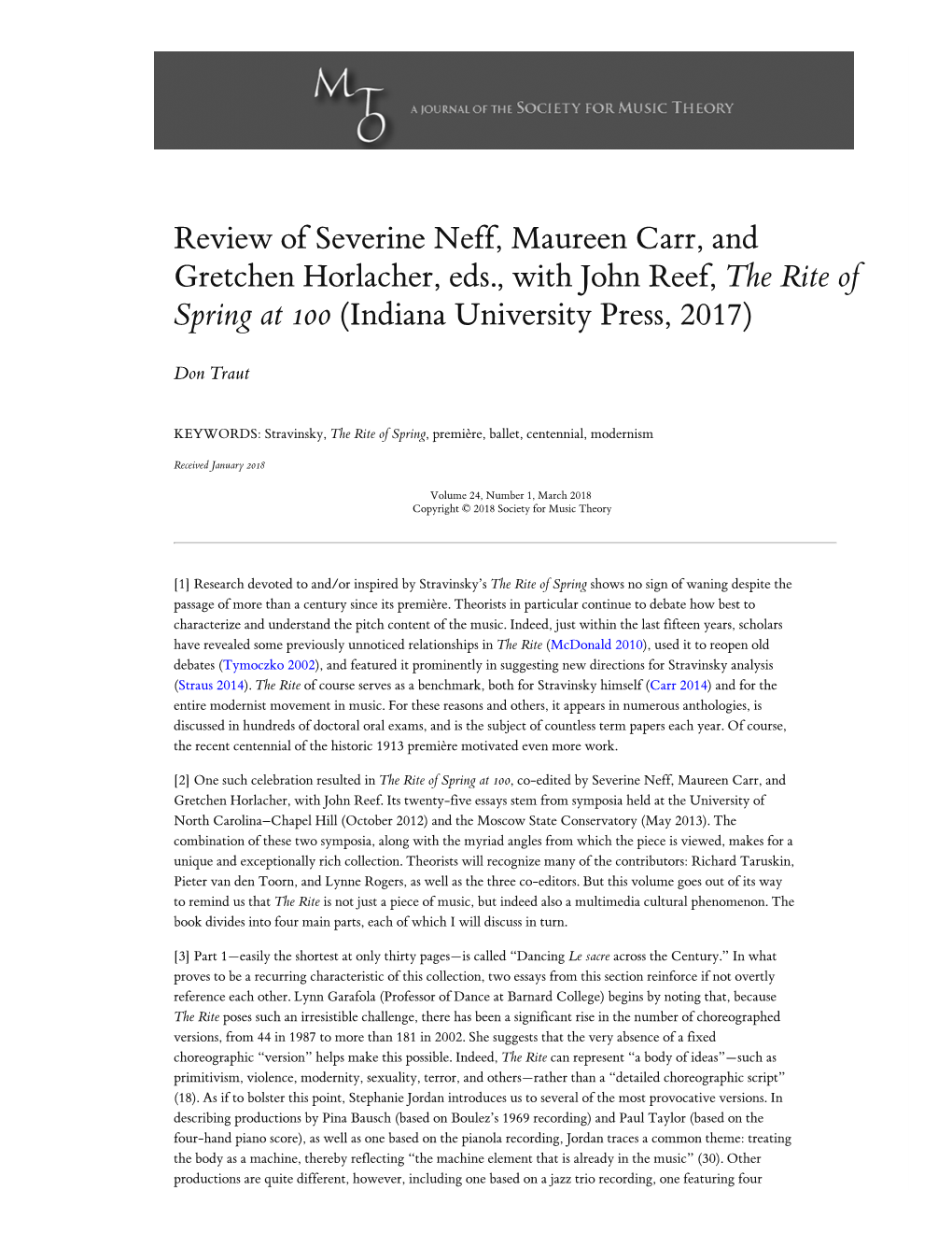 Review of Severine Neff, Maureen Carr, and Gretchen Horlacher, Eds., with John Reef, the Rite of Spring at 100 (Indiana University Press, 2017)