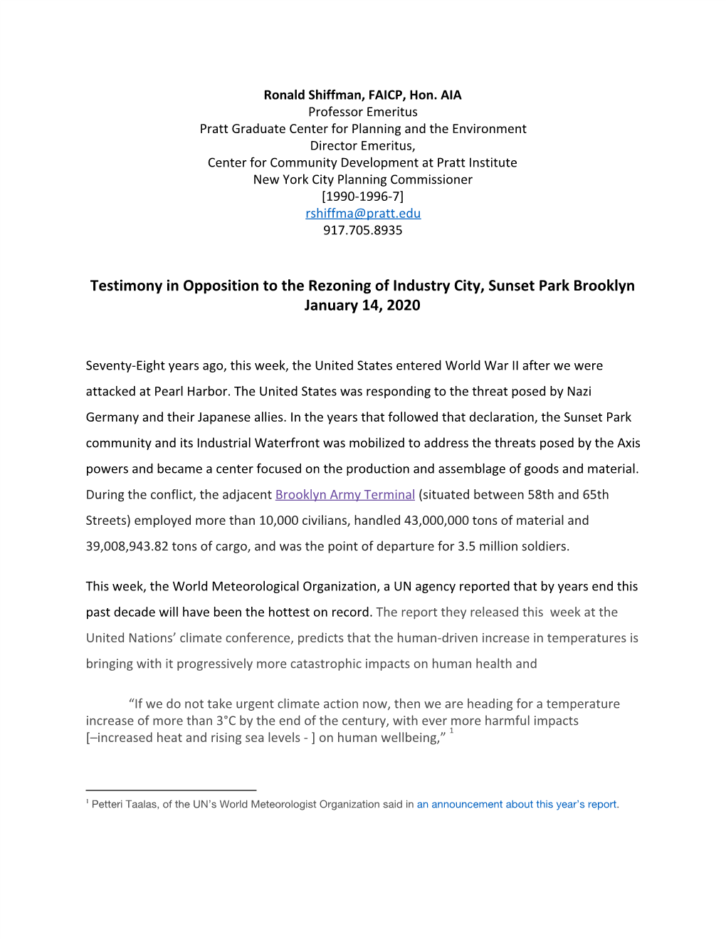 Testimony in Opposition to the Rezoning of Industry City, Sunset Park Brooklyn January 14, 2020