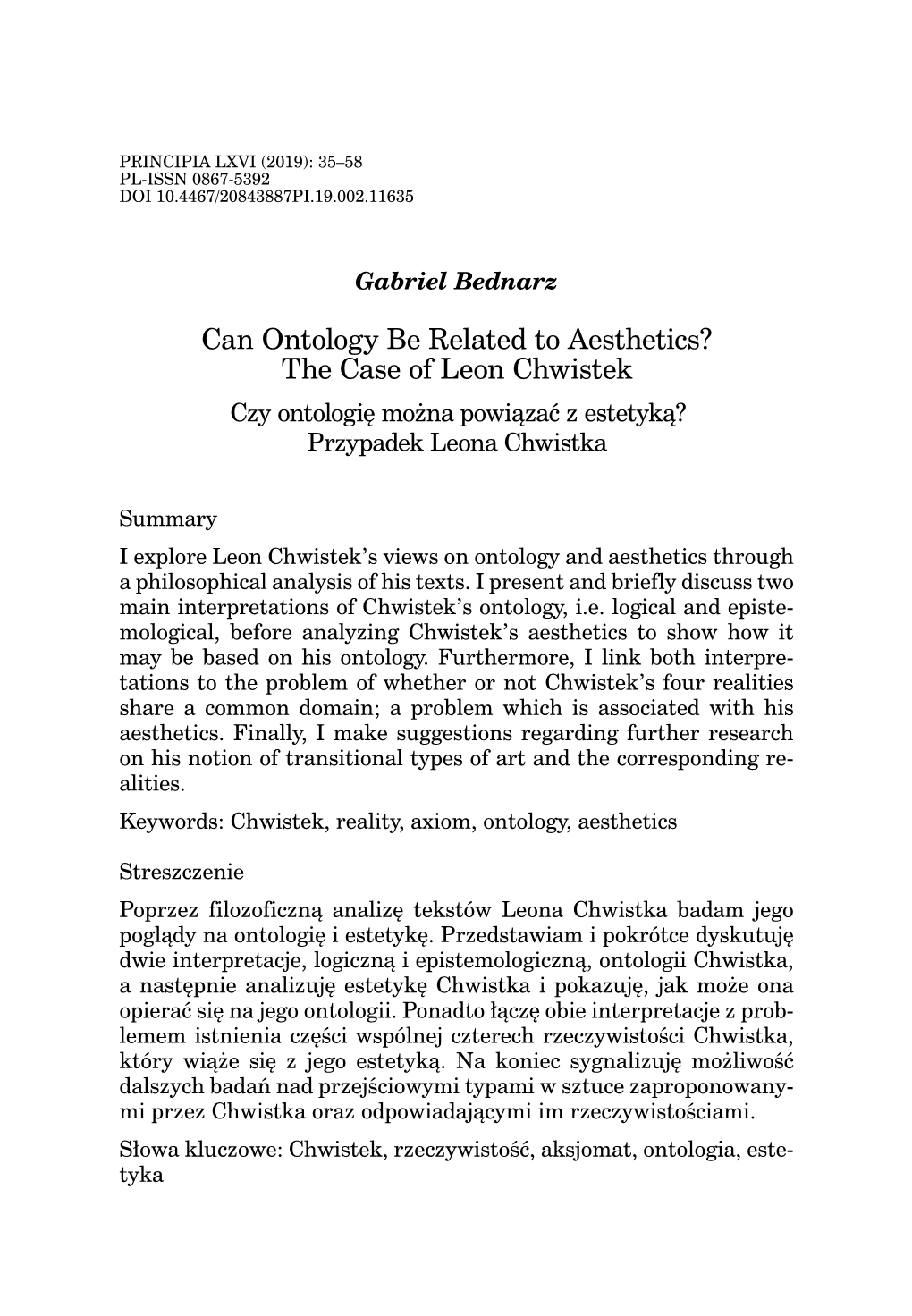 The Case of Leon Chwistek Can Ontology Be Related to Aesthetics?