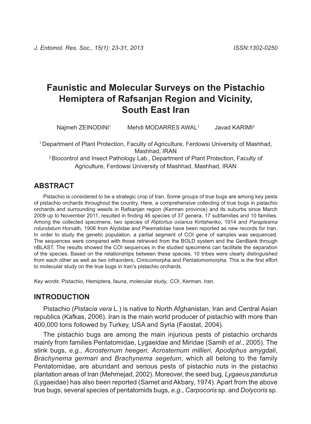 Faunistic and Molecular Surveys on the Pistachio Hemiptera of Rafsanjan Region and Vicinity, South East Iran