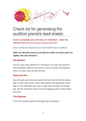 Check List for Generating the Audition Pianist's Lead Sheets