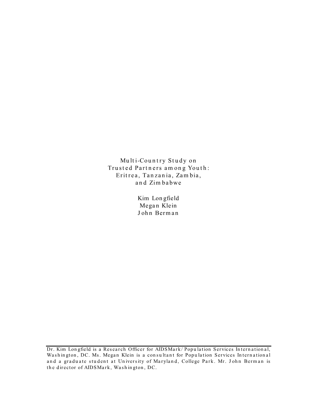 Multi-Country Study on Trusted Partners Among Youth: Eritrea, Tanzania, Zambia, and Zimbabwe