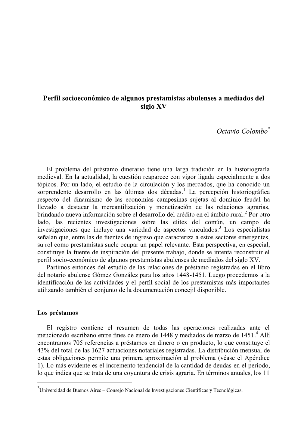 Perfil Socioeconómico De Algunos Prestamistas Abulenses a Mediados Del Siglo XV Octavio Colombo