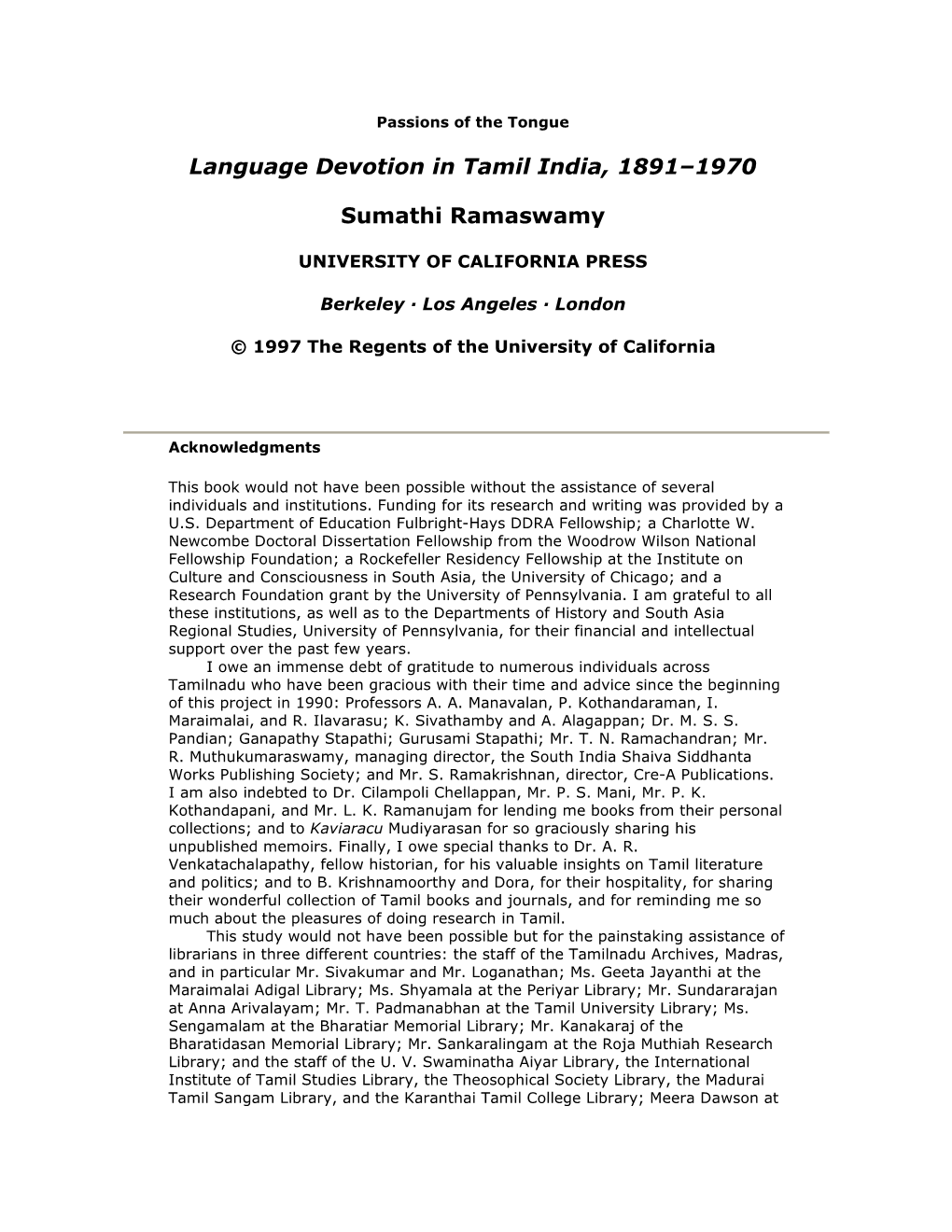 Language Devotion in Tamil India, 1891–1970 Sumathi Ramaswamy