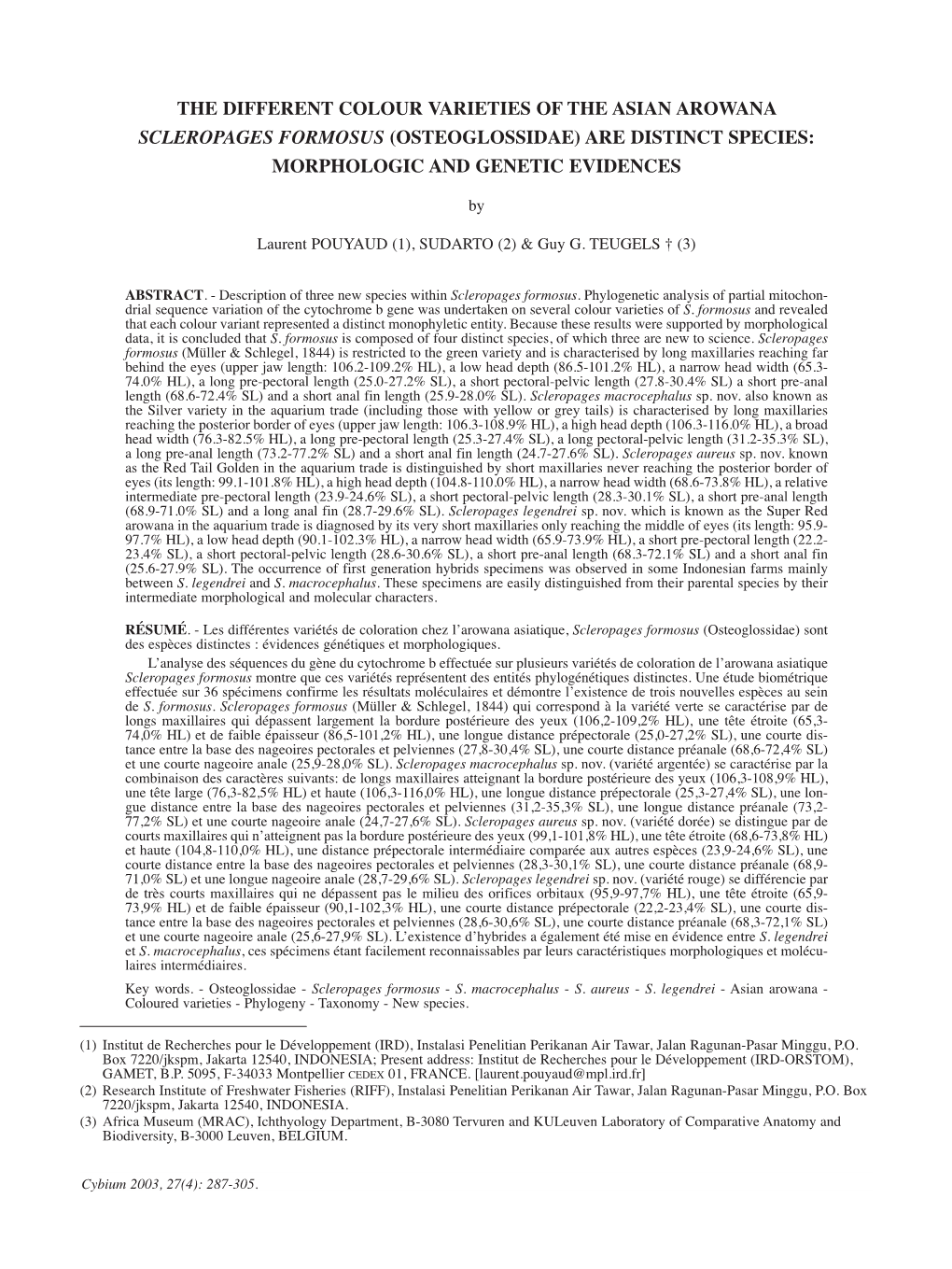 (Osteoglossidae) Are Distinct Species: Morphologic and Genetic Evidences