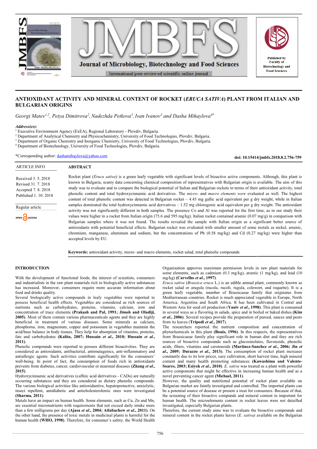 Antioxidant Activity and Mineral Content of Rocket (Eruca Sativa) Plant from Italian and Bulgarian Origins