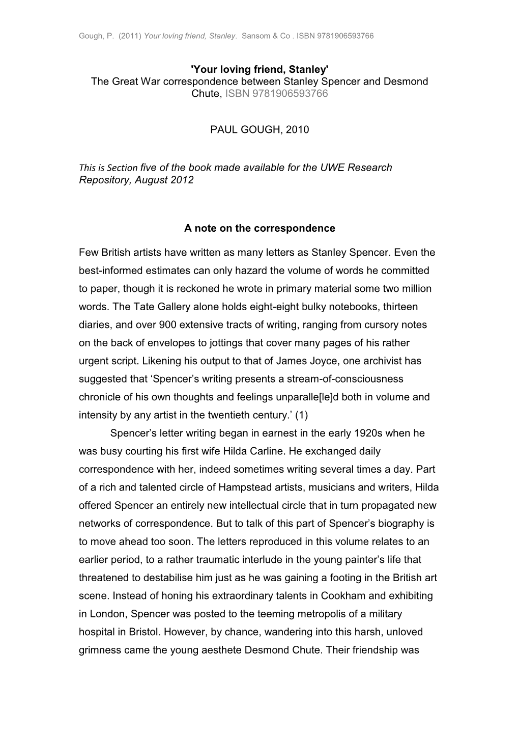 The Great War Correspondence Between Stanley Spencer and Desmond Chute, ISBN 9781906593766 PAUL GO