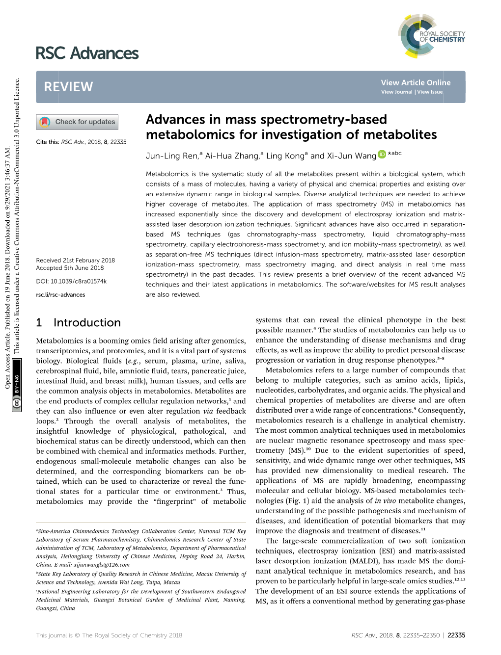 Advances in Mass Spectrometry-Based Metabolomics