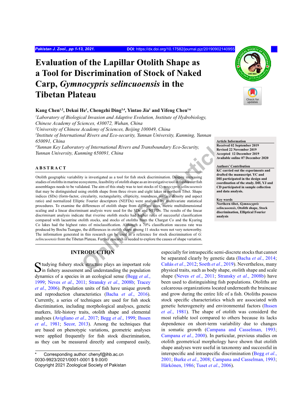 Evaluation of the Lapillar Otolith Shape As a Tool for Discrimination of Stock of Naked Carp, Gymnocypris Selincuoensis in the Tibetan Plateau