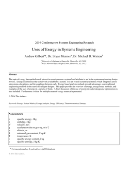 Gilbert, A., Mesmer, B., “Uses of Exergy in Systems Engineering”