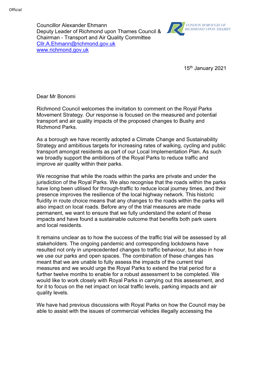 Council Letter to Royal Parks