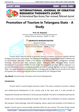 Promotion of Tourism in Telangana State - a Study