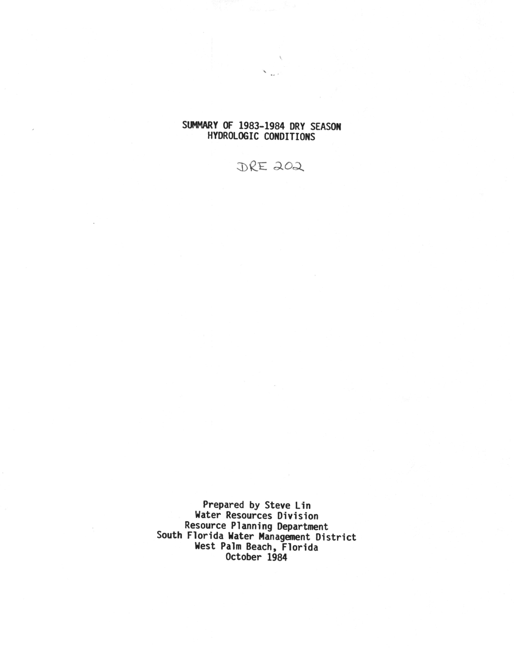 Simmary of 1983-1984 Dry Season Hydrologic Conditions