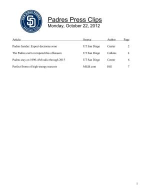 Padres Press Clips Monday, October 22, 2012