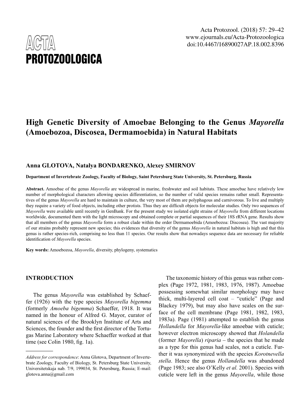 Protozoologica ACTA Doi:10.4467/16890027AP.18.002.8396 PROTOZOOLOGICA