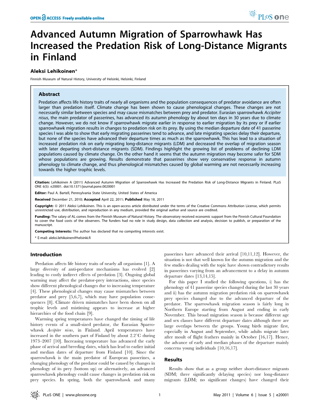 Advanced Autumn Migration of Sparrowhawk Has Increased the Predation Risk of Long-Distance Migrants in Finland