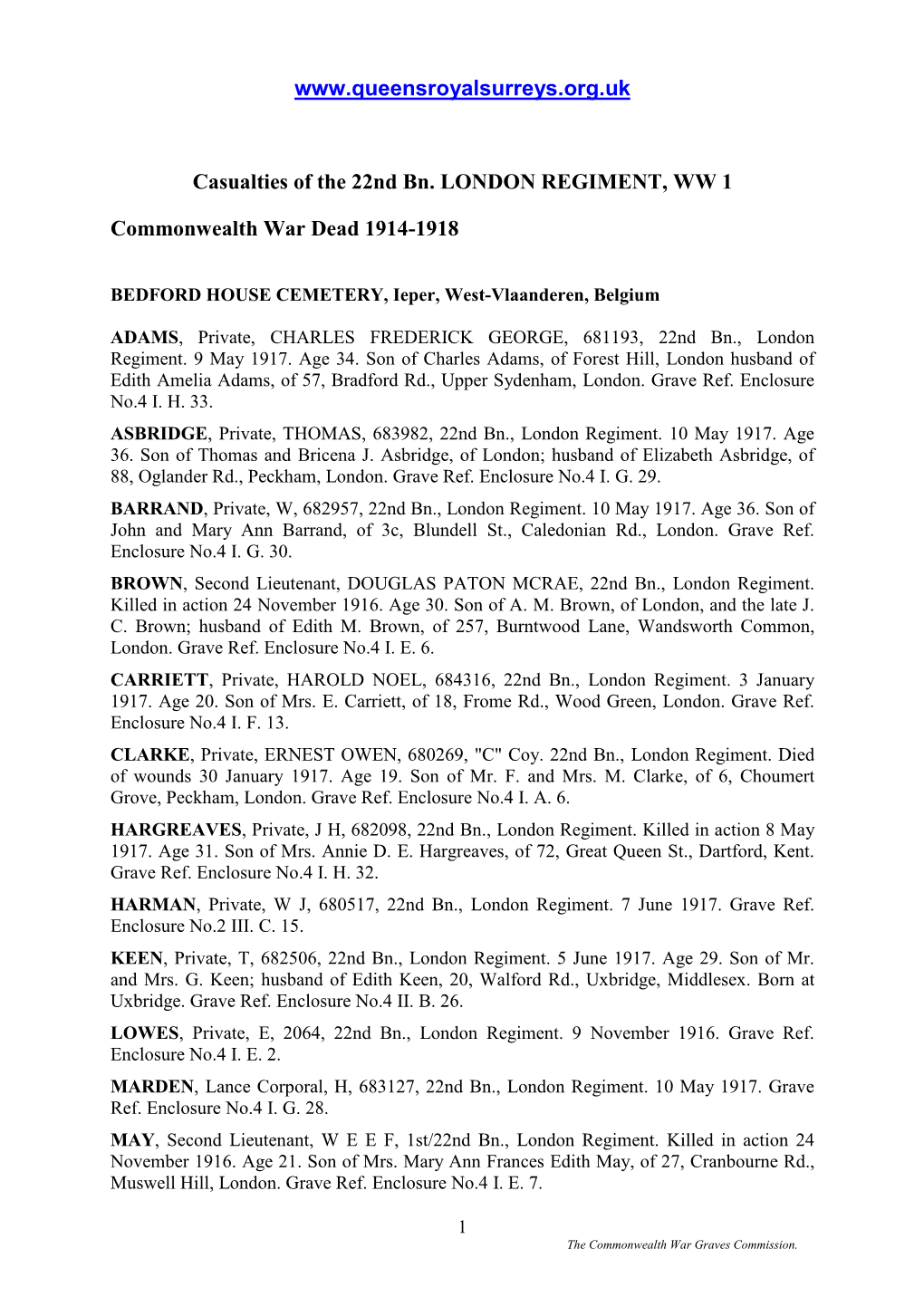 Casualties of the 22Nd Bn. LONDON REGIMENT, WW 1 Commonwealth