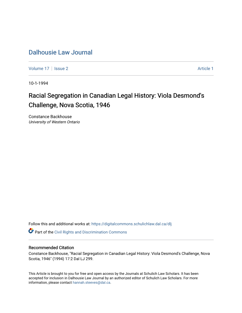 Racial Segregation in Canadian Legal History: Viola Desmond's Challenge, Nova Scotia, 1946