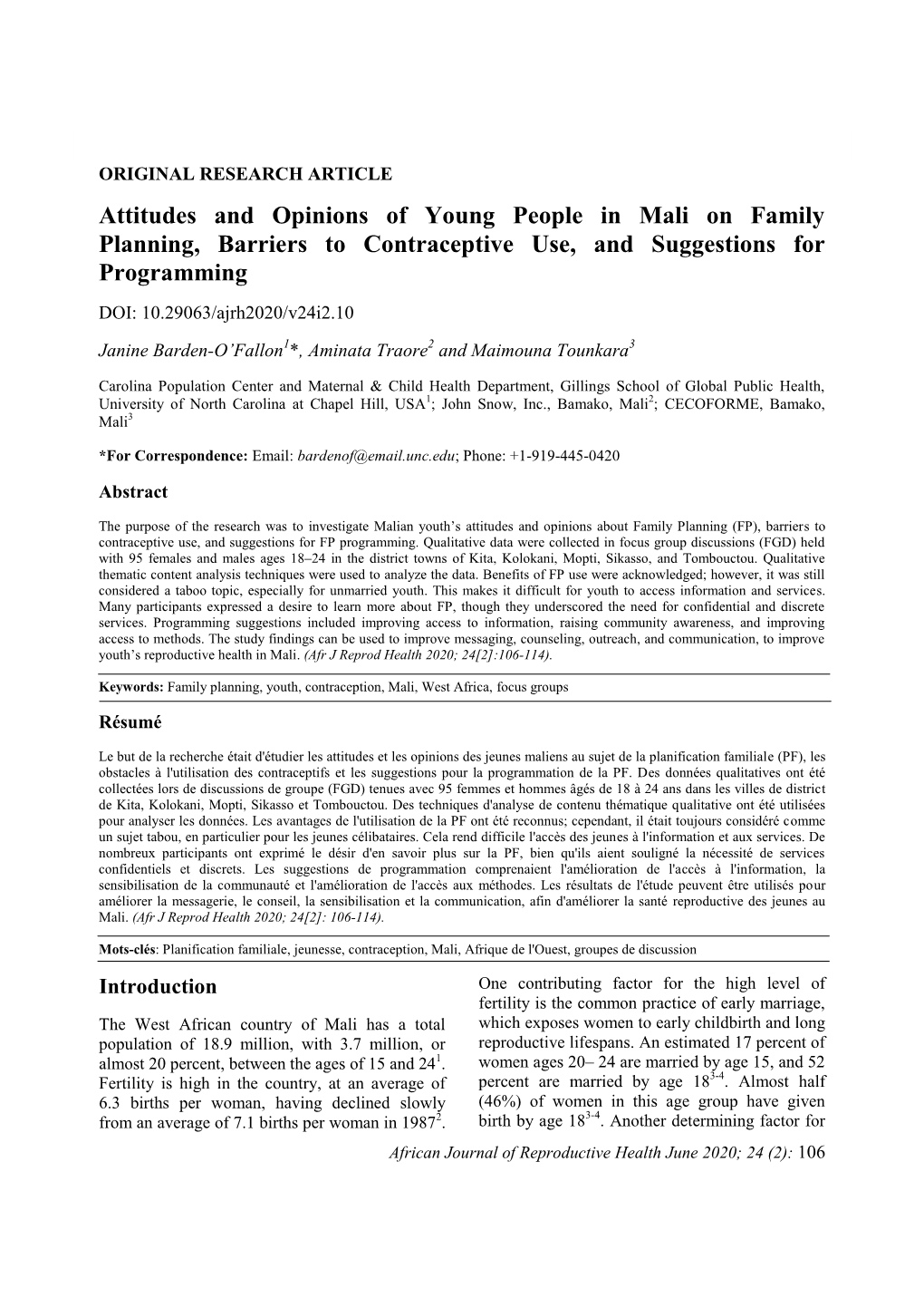 Attitudes and Opinions of Young People in Mali on Family Planning, Barriers to Contraceptive Use, and Suggestions For