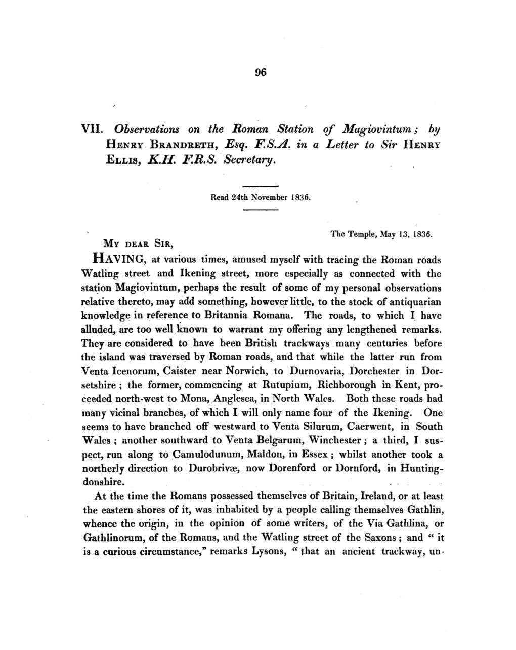 VII. Observations on the Roman Station of Magiovintum; by HENRY BRANDRETH, Esq