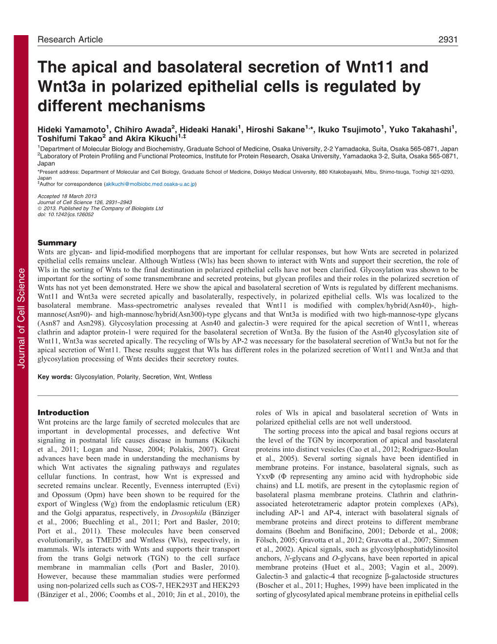 The Apical and Basolateral Secretion of Wnt11 and Wnt3a in Polarized Epithelial Cells Is Regulated by Different Mechanisms