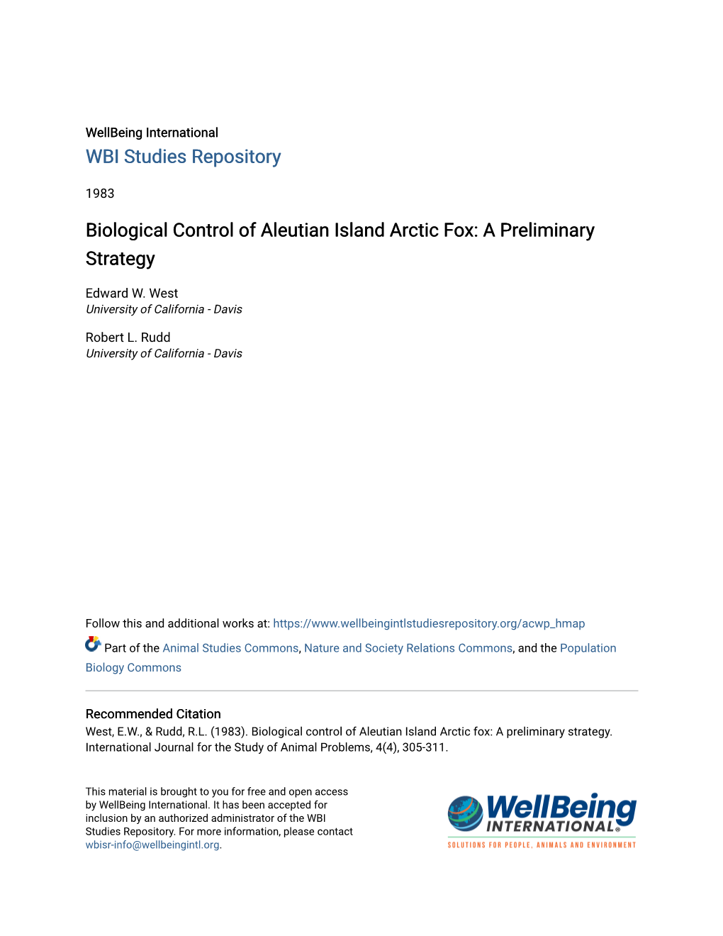 Biological Control of Aleutian Island Arctic Fox: a Preliminary Strategy