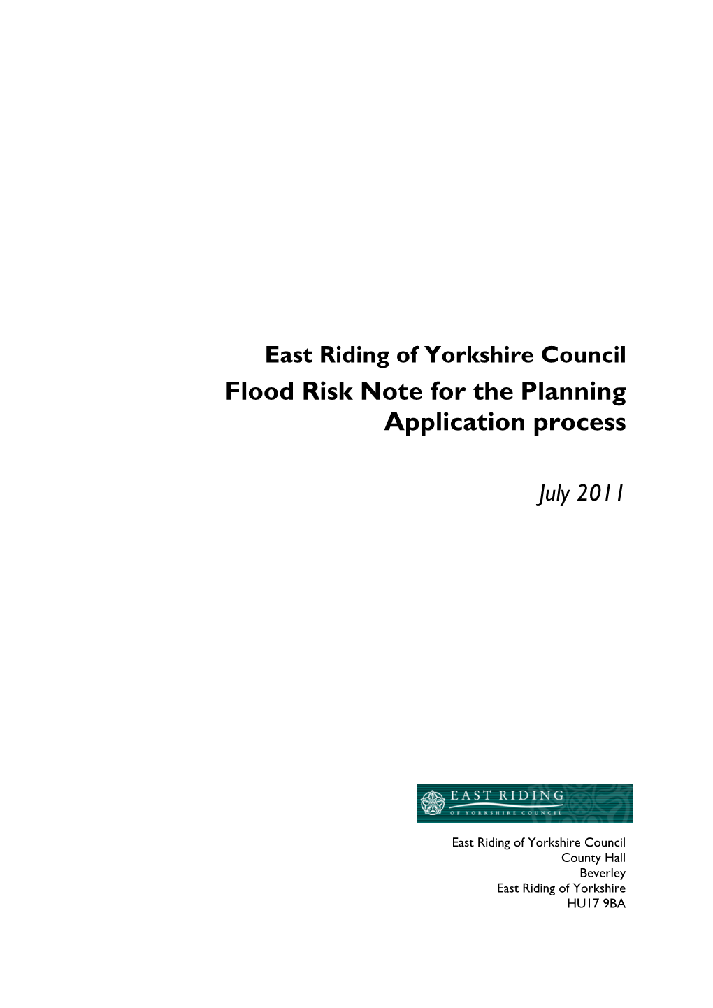 East Riding of Yorkshire Council Flood Risk Note for the Planning Application Process